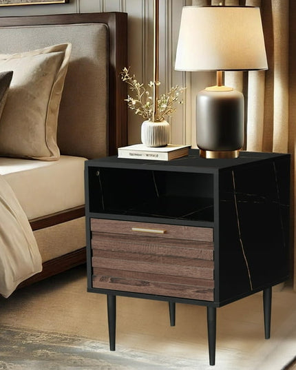Modern wood nightstand with drawer and open shelf