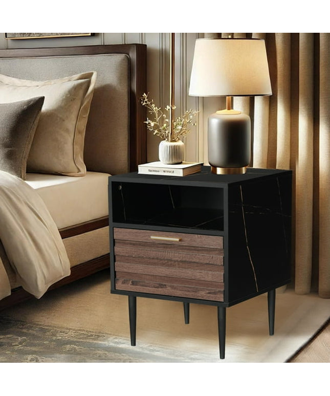 Modern wood nightstand with drawer and open shelf