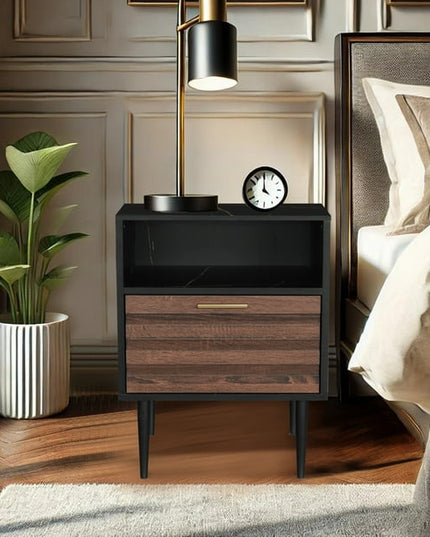 Modern wood nightstand with drawer and open shelf