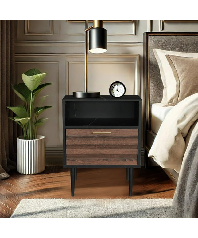 Modern wood nightstand with drawer and open shelf