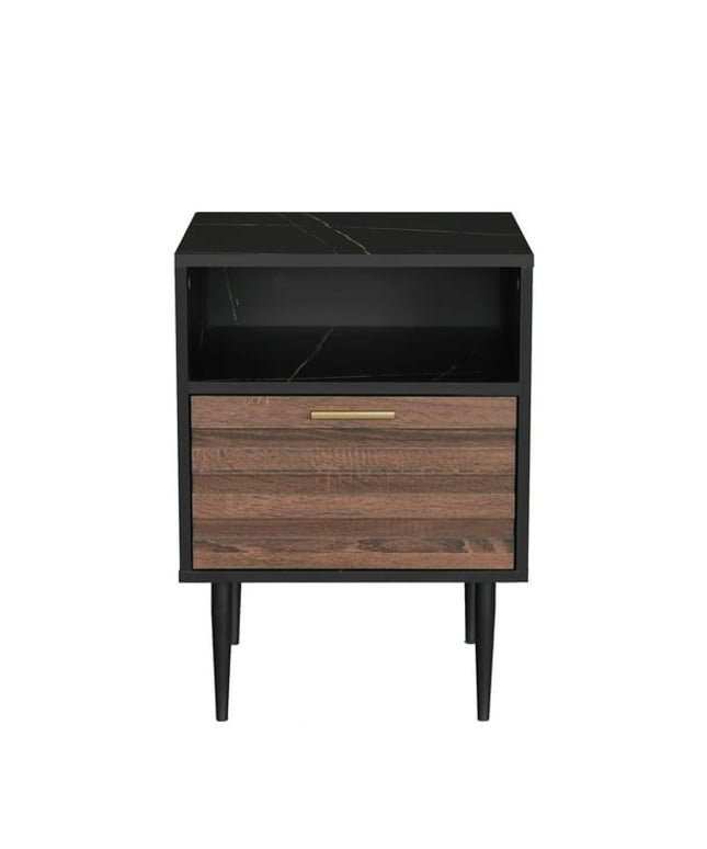 Modern wood nightstand with drawer and open shelf